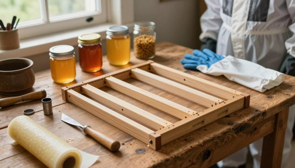 A detailed arrangement of essential equipment for foundationless frames is spread across a rustic wooden workbench in a cozy workshop setting. In the foreground, a set of foundationless frames, made from natural wood, is neatly arranged beside tools like a hive tool, smoker, and uncapping knife. A roll of wax foundation sheets lays open, ready for use. The middle ground features jars of honey and bee feed, alongside a protective bee suit and gloves, symbolizing preparation. In the background, soft natural light filters through a nearby window, casting gentle shadows and creating a warm, inviting atmosphere. The angle is slightly elevated, offering a comprehensive view of the workspace, inspiring a sense of readiness and enthusiasm for beekeeping. A detailed arrangement of essential equipment for foundationless frames is spread across a rustic wooden workbench in a cozy workshop setting. In the foreground, a set of foundationless frames, made from natural wood, is neatly arranged beside tools like a hive tool, smoker, and uncapping knife. A roll of wax foundation sheets lays open, ready for use. The middle ground features jars of honey and bee feed, alongside a protective bee suit and gloves, symbolizing preparation. In the background, soft natural light filters through a nearby window, casting gentle shadows and creating a warm, inviting atmosphere. The angle is slightly elevated, offering a comprehensive view of the workspace, inspiring a sense of readiness and enthusiasm for beekeeping.
