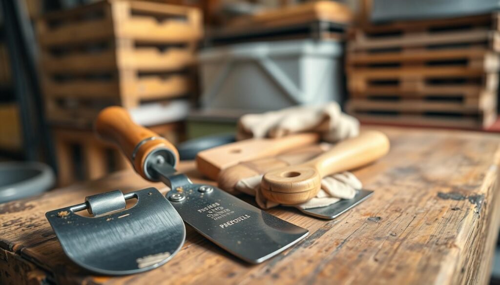 A detailed arrangement of essential hive maintenance tools displayed prominently on a rustic wooden workbench. In the foreground, feature a high-quality hive tool with a shiny metal blade and a wooden handle, slightly worn from use. Next to it, include a scraper for propolis removal, showing a small amount of sticky residue. In the middle ground, display a brush with natural bristles and a smoothed wooden handle, along with a pair of protective gloves. The background should softly blur, hinting at a well-lit, organized workshop with beekeeping frames and equipment stacked neatly. The lighting should be warm and inviting, highlighting the tools with gentle shadows, creating a mood of diligence and care in beekeeping practices. Capture the scene from a slightly elevated angle to provide depth and focus on the tools’ functional beauty. A detailed arrangement of essential hive maintenance tools displayed prominently on a rustic wooden workbench. In the foreground, feature a high-quality hive tool with a shiny metal blade and a wooden handle, slightly worn from use. Next to it, include a scraper for propolis removal, showing a small amount of sticky residue. In the middle ground, display a brush with natural bristles and a smoothed wooden handle, along with a pair of protective gloves. The background should softly blur, hinting at a well-lit, organized workshop with beekeeping frames and equipment stacked neatly. The lighting should be warm and inviting, highlighting the tools with gentle shadows, creating a mood of diligence and care in beekeeping practices. Capture the scene from a slightly elevated angle to provide depth and focus on the tools’ functional beauty.