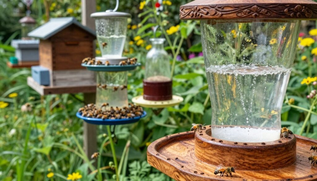 A detailed arrangement of various bee feeders in a natural garden setting, showcasing both traditional and modern designs. In the foreground, a close-up of a wooden feeder with intricate carvings and a glass reservoir filled with sugar water, droplets sparkling in the sunlight. The middle ground features multiple feeder styles, both tray and bottle types, with bees actively feeding. The background consists of lush, green plants and wildflowers, creating a vibrant atmosphere. Soft, diffused natural light illuminates the scene, enhancing the colors and textures. The angle is slightly elevated, providing a comprehensive view that captures the diversity of feeder designs in harmony with the environment. The overall mood is tranquil and focused on the importance of bee sustenance.