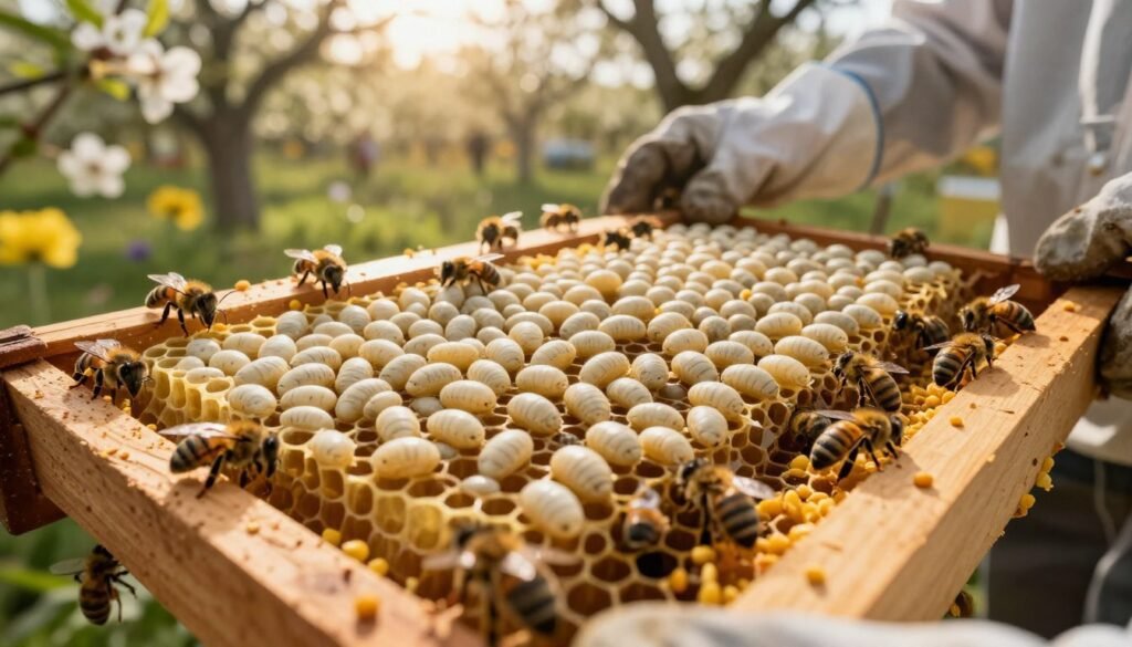 A detailed close-up depicting a colony of drone brood in a beehive frame, showcasing the ovoid, pale larvae nestled in the wax cells. The foreground features a beekeeper’s gloved hand delicately lifting the frame, highlighting the meticulous care involved in drone removal. In the middle ground, various stages of hive activity are visible: workers busily tending to the brood, with honeycomb and pollen granules nearby. The background should reveal a sunlit apiary setting, lush with blooming flowers and abstract shapes of trees, creating a natural, vibrant atmosphere. The lighting should be warm and golden, capturing the essence of a late afternoon. The angle should be slightly tilted to create depth, emphasizing the intricate details of the larvae and bustling bees.