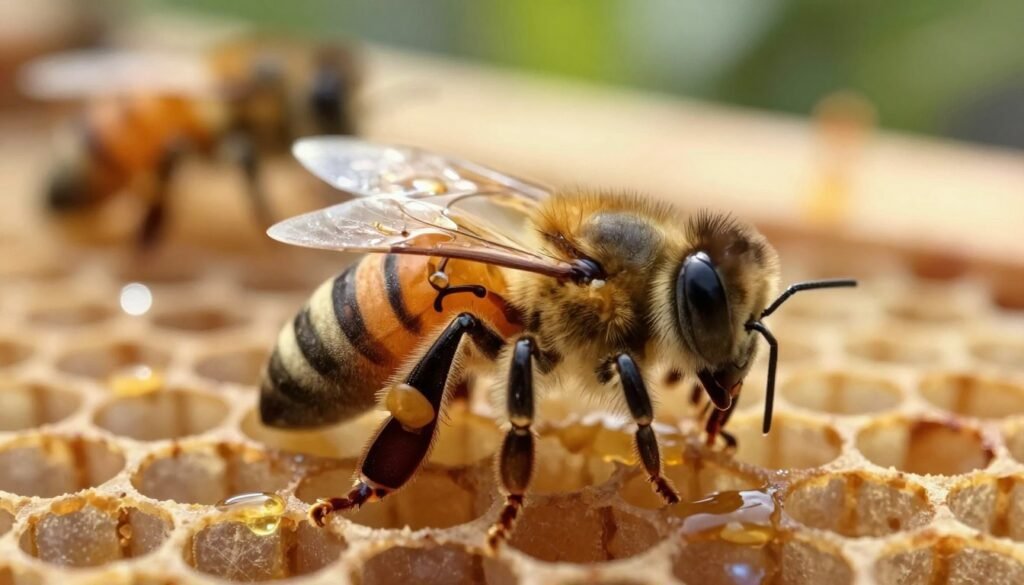 A detailed close-up illustration of Varroa mites on a honeybee, showcasing their distinctive oval shape and bristly texture. In the foreground, a honeybee is resting on a hexagonal honeycomb cell, with a few Varroa mites clearly visible on its thorax. The middle ground captures the intricate details of the honeycomb structure, with glistening honey droplets reflecting light. In the background, slightly blurred, is the soft glow of a warm, natural light filtering through greenery, suggesting an outdoor apiary setting. The overall mood is focused and educational, highlighting the importance of accurate inspection data in beekeeping. Use soft, natural lighting to emphasize the texture and details of the mites and honeybee, captured with a macro lens for clarity.