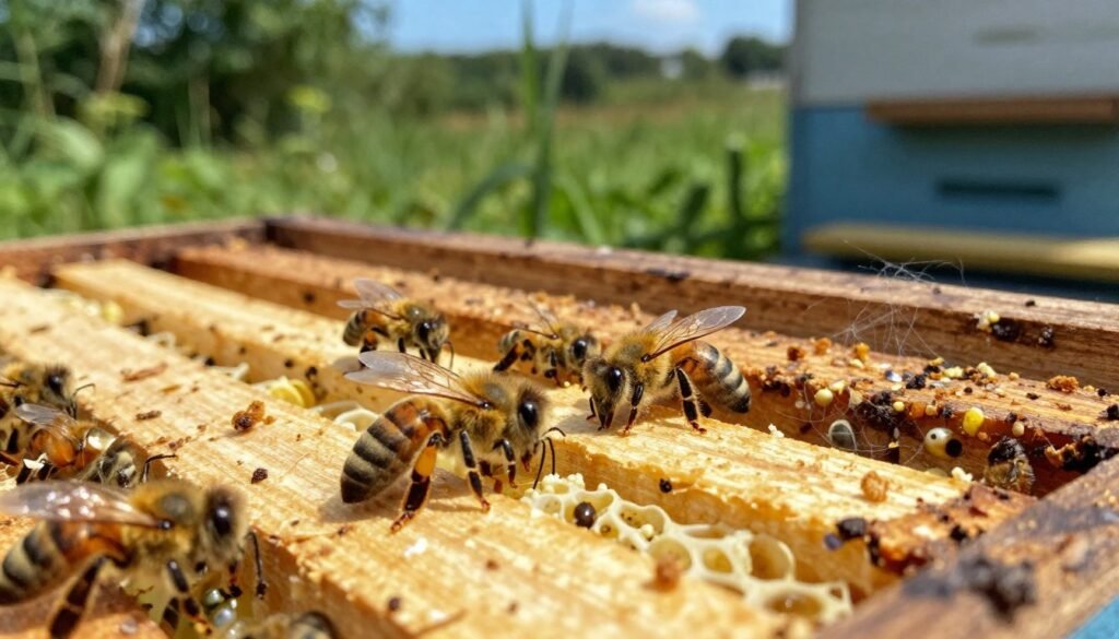 A detailed close-up image focusing on bees and their hive, illustrating signs of infestation in an apiary. In the foreground, show several bees on a frame, with a magnified view of wax moth eggs clustering in the corners. The middle ground features a wooden hive with visible damage, traces of webbing, and frass indicating infestation. In the background, lush greenery and a clear blue sky suggest a typical apiary environment. Use natural lighting to enhance the textures of the bees and hive frame, capturing the subtle iridescence of the bees' wings and the dull, organic texture of the wood. The atmosphere should feel informative and slightly urgent, evoking the need for vigilance in maintaining healthy bee populations. A detailed close-up image focusing on bees and their hive, illustrating signs of infestation in an apiary. In the foreground, show several bees on a frame, with a magnified view of wax moth eggs clustering in the corners. The middle ground features a wooden hive with visible damage, traces of webbing, and frass indicating infestation. In the background, lush greenery and a clear blue sky suggest a typical apiary environment. Use natural lighting to enhance the textures of the bees and hive frame, capturing the subtle iridescence of the bees' wings and the dull, organic texture of the wood. The atmosphere should feel informative and slightly urgent, evoking the need for vigilance in maintaining healthy bee populations.