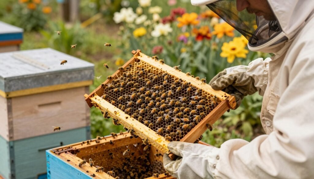 A detailed close-up image of a beekeeper in a protective suit, carefully managing a push-in queen cage filled with a queen bee and her attendants. In the foreground, the beekeeper's gloved hands delicately hold the cage, showcasing the intricate details of its mesh and the vibrant colors of the bees within. In the middle ground, hives are clearly visible, with bees busily flying around, symbolizing a healthy colony. The background features a lush garden filled with blooming flowers, adding to the natural environment and depicting the harmony of bee management. Warm, soft lighting bathes the scene, creating an inviting mood that emphasizes the meticulousness and care involved in managing potential challenges and risks during queen introduction. The angle is slightly elevated, providing a comprehensive view that highlights the importance of the beekeeper's work.