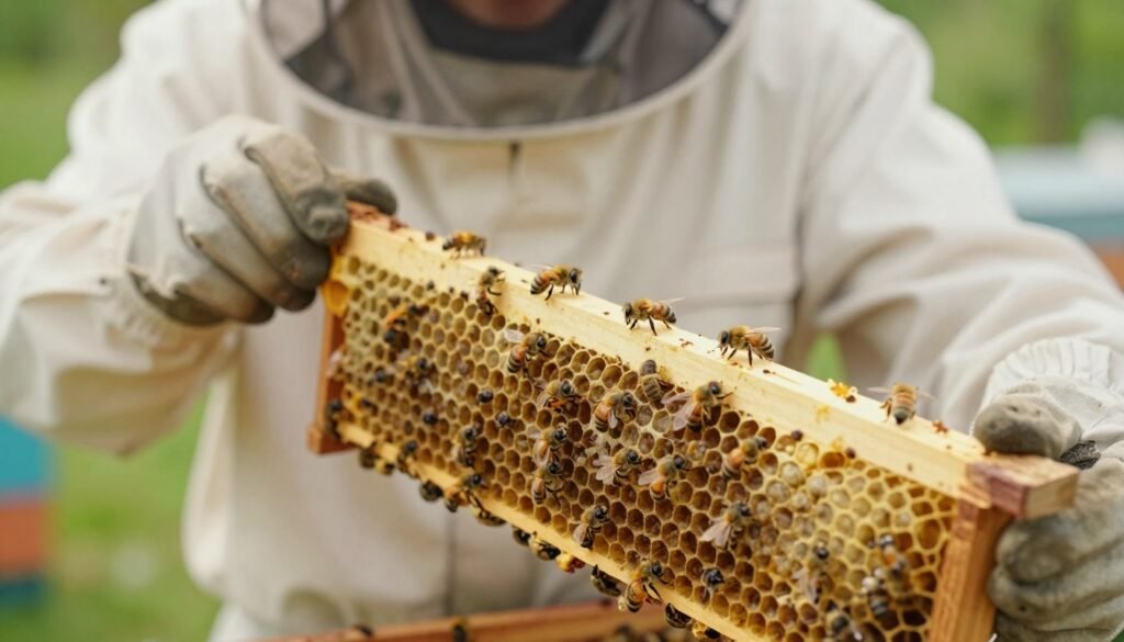 A detailed close-up image of a beekeeper in professional attire, carefully examining a beehive frame under natural daylight. The focus is on the beekeeper's gloved hands holding the frame, with several Varroa mites visibly crawling on bees and brood cells. In the background, soft blurred greenery signifies an apiary environment. Utilize a shallow depth of field to highlight the mites and bees in the foreground, emphasizing the importance of monitoring techniques. The lighting should be soft and warm, creating an inviting atmosphere, while the image conveys diligence and awareness in pest management. The overall composition should evoke a sense of responsibility and care for the health of the bee colony.