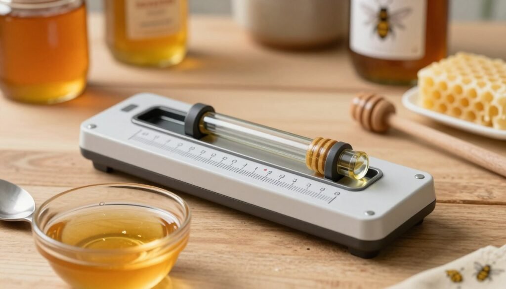 A detailed close-up image of a honey refractometer resting on a wooden table, showcasing its sleek, glass optical prism and calibration scale. In the foreground, include a small bowl of golden honey, glistening under natural light, with a spoon placed nearby. The background should be softly blurred, featuring a rustic kitchen setting with honey jars and natural props like beeswax and bee illustrations. Use warm, inviting lighting to create a cozy atmosphere, emphasizing the rich texture of the honey and the precision of the refractometer. Capture the image from a slightly elevated angle, highlighting the refractometer's features, while maintaining an informative and engaging composition.