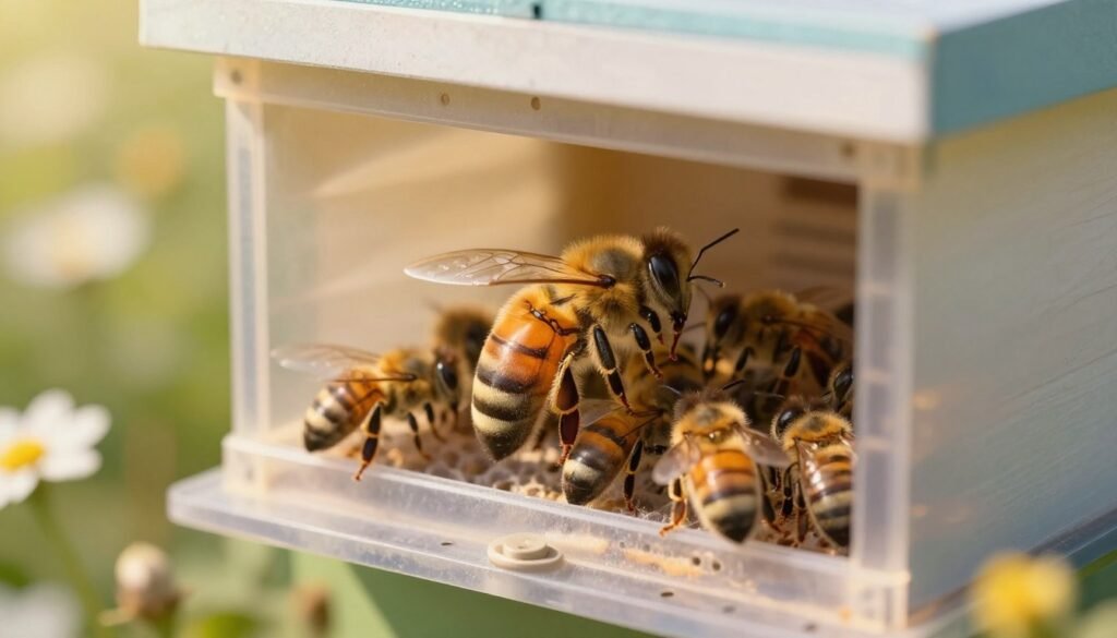 A detailed, close-up image of a package queen bee caged within a small, transparent hive box, made of sleek plastic with ventilation holes. The queen should be depicted with a distinct, elongated abdomen, surrounded by a few worker bees for context, showcasing their cooperative behavior. In the background, a soft-focus floral landscape is visible, hinting at a natural beekeeping environment under gentle sunlight. The lighting is warm and inviting, creating a serene atmosphere that emphasizes the importance of the queen bee in colony health. The angle is slightly elevated, capturing both the queen and her attendants, with an emphasis on clarity and detail to highlight the intricate features of the bees and the cage.