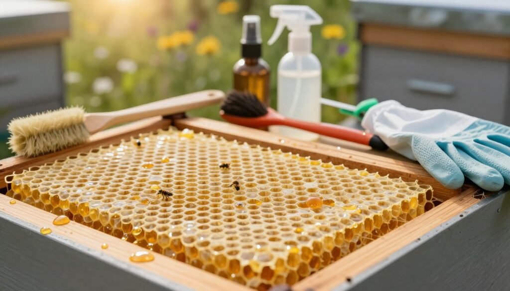 A detailed close-up image of a propolis trap designed for bees, showcasing its intricate structure and features. The foreground highlights the trap, focusing on its wooden frame and fine mesh, with glistening drops of propolis on its surface. In the middle ground, include an assortment of tools commonly used for disinfecting, like brushes, sprays, and protective gloves neatly arranged beside the trap. The background softly blurs, depicting a natural outdoor setting, with hints of beehives and flowers suggestive of a pollinator-friendly environment. Use warm, natural lighting to create a calm and professional atmosphere, simulating an early morning sun. The composition should be balanced and organized to convey a sense of order and cleanliness essential for maintaining beekeeping equipment.