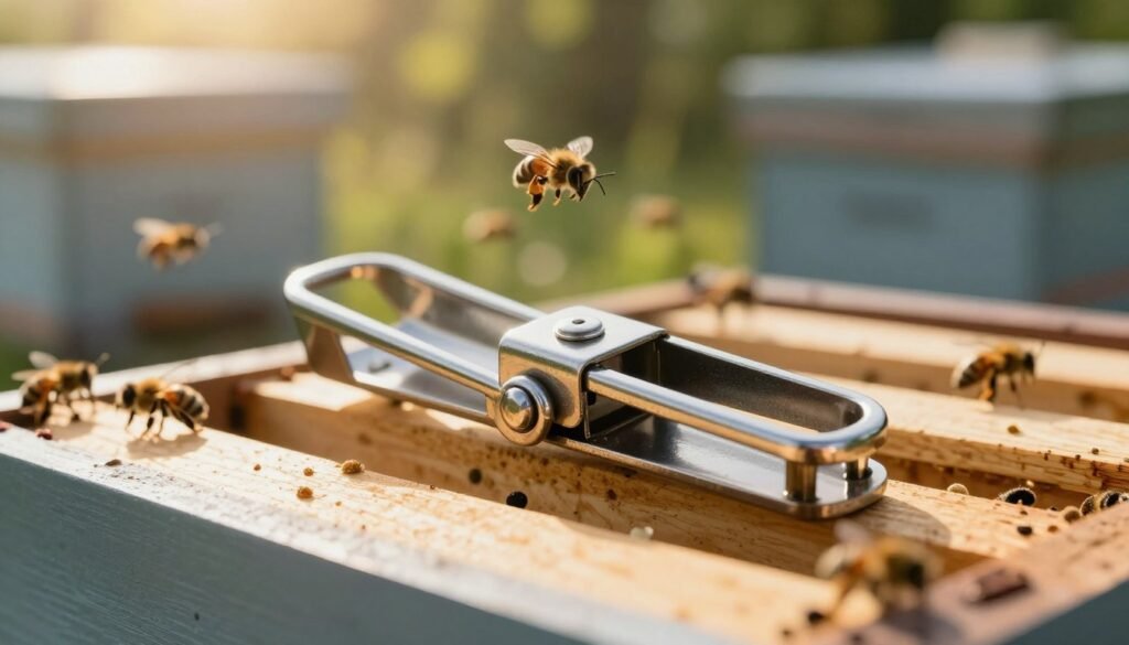 A detailed, close-up image of a queen clip, elegantly designed for beekeeping, showcasing its precision and functionality. The foreground features the queen clip in a polished metallic finish, reflecting light in a way that highlights its contours and locking mechanisms. The middle ground includes a soft-focus background of a beehive, with bees softly buzzing around, creating a lively atmosphere. The lighting is warm and natural, simulating late afternoon sun filtering through leaves, casting gentle shadows. The overall mood is professional and engaging, emphasizing the practical benefits of the queen clip within the context of beekeeping. The image should be composed with a wide-angle lens to capture both the details of the clip and the surrounding environment harmoniously.