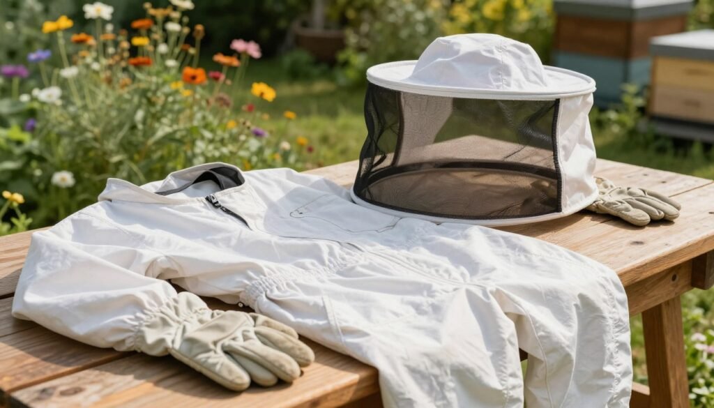 A detailed, close-up image of protective gear for package bee installation, showcasing a beekeeper's suit, gloves, and veil neatly arranged on a wooden workbench. In the foreground, the bee suit is crisp white, with a zippered front and elastic cuffs, reflecting sunlight to highlight the material's texture. In the middle, a pair of sturdy gloves made of thick leather rests beside a high-quality bee veil with a mesh netting, allowing an unobstructed view of the workspace. The background features a blurred, natural garden setting with colorful wildflowers and greenery, evoking a serene atmosphere. The lighting is soft and natural, with gentle shadows cast by the afternoon sun, creating a warm and inviting mood appropriate for beekeeping. A detailed, close-up image of protective gear for package bee installation, showcasing a beekeeper's suit, gloves, and veil neatly arranged on a wooden workbench. In the foreground, the bee suit is crisp white, with a zippered front and elastic cuffs, reflecting sunlight to highlight the material's texture. In the middle, a pair of sturdy gloves made of thick leather rests beside a high-quality bee veil with a mesh netting, allowing an unobstructed view of the workspace. The background features a blurred, natural garden setting with colorful wildflowers and greenery, evoking a serene atmosphere. The lighting is soft and natural, with gentle shadows cast by the afternoon sun, creating a warm and inviting mood appropriate for beekeeping.