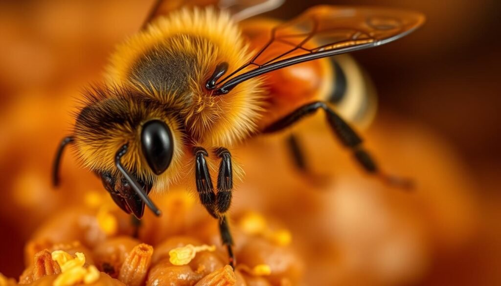 A detailed close-up image of varroa mites on a honeybee, showcasing their distinctive oval shape, small size, and dark reddish-brown coloration. The foreground features a honeybee with its wings slightly spread, vividly illustrating the mites clinging to its thorax and abdomen. The middle layer includes a few scattered pollen grains and bee hairs, enhancing the bees' natural habitat. The background reveals a blurred hive environment, with warm, soft lighting that highlights the textures of the bee's body and the mites. The overall mood should convey a sense of urgency and vulnerability, emphasizing the importance of pest control in beekeeping. The camera angle should be slightly tilted for a dynamic effect, with a macro lens to capture minute details.
