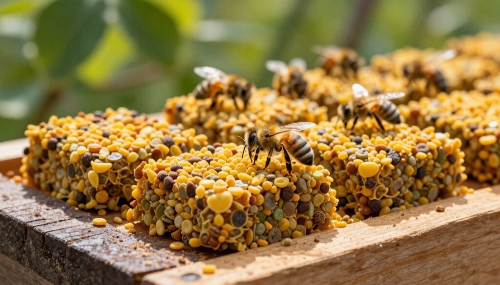 A detailed close-up image of vibrant pollen patties for feeding bees, displayed on a rustic wooden hive surface. In the foreground, the patties are textured and rich in color, showcasing shades of yellow, brown, and green, illustrating their natural ingredients. In the middle ground, a few bees are gently interacting with the patties, emphasizing the connection between the food and the new colony. The background features a blurred green garden setting, with soft sunlight filtering through the leaves, creating a warm, inviting atmosphere. The image should have a bright, natural lighting effect, shot with a shallow depth of field to highlight the pollen patties while softly blurring the background, evoking a sense of nurturing and care for the bees.