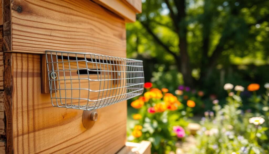 A detailed close-up of a Langstroth hive with an installation of a mouse guard securely fitted to the entrance. In the foreground, show the mouse guard made of durable metal mesh, highlighting its intricate design and how it aligns perfectly with the hive. The middle ground features the wood texture of the hive, stained and weathered, surrounded by a lush garden with colorful flowers and plants, emphasizing a peaceful, natural setting. In the background, soft focused greenery and the dappled sunlight filtering through tree leaves create a warm, inviting atmosphere. Use natural lighting to enhance the colors, and a shallow depth of field to draw attention to the installation details. The overall mood is serene and focused, ideal for conveying care in beekeeping practices.