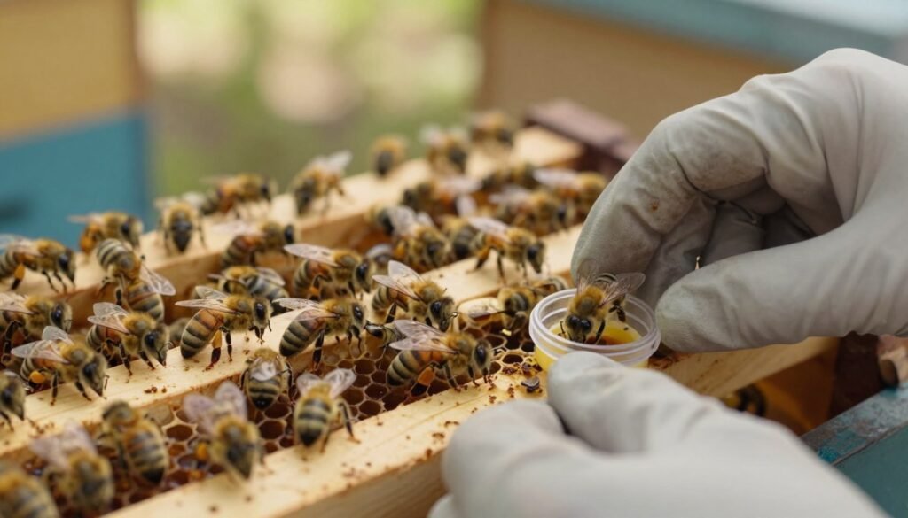 A detailed close-up of a bee colony environment, showcasing laying worker bees on honeycomb frames. In the foreground, a gentle hand wearing a protective glove is delicately introducing a new queen bee in a small, clear container. The middle layer features attentive worker bees curiously gathered around the queen, exhibiting a mix of curiosity and uncertainty. The background includes a blurred view of a wooden beehive, softly illuminated by warm, natural light filtering through the trees. The atmosphere is calm yet lively, with a focus on the dynamics of the colony as they react to the new queen. The image should capture the delicate balance of nature and the importance of introducing a queen, with a soft depth of field effect to enhance the main subjects. A detailed close-up of a bee colony environment, showcasing laying worker bees on honeycomb frames. In the foreground, a gentle hand wearing a protective glove is delicately introducing a new queen bee in a small, clear container. The middle layer features attentive worker bees curiously gathered around the queen, exhibiting a mix of curiosity and uncertainty. The background includes a blurred view of a wooden beehive, softly illuminated by warm, natural light filtering through the trees. The atmosphere is calm yet lively, with a focus on the dynamics of the colony as they react to the new queen. The image should capture the delicate balance of nature and the importance of introducing a queen, with a soft depth of field effect to enhance the main subjects.