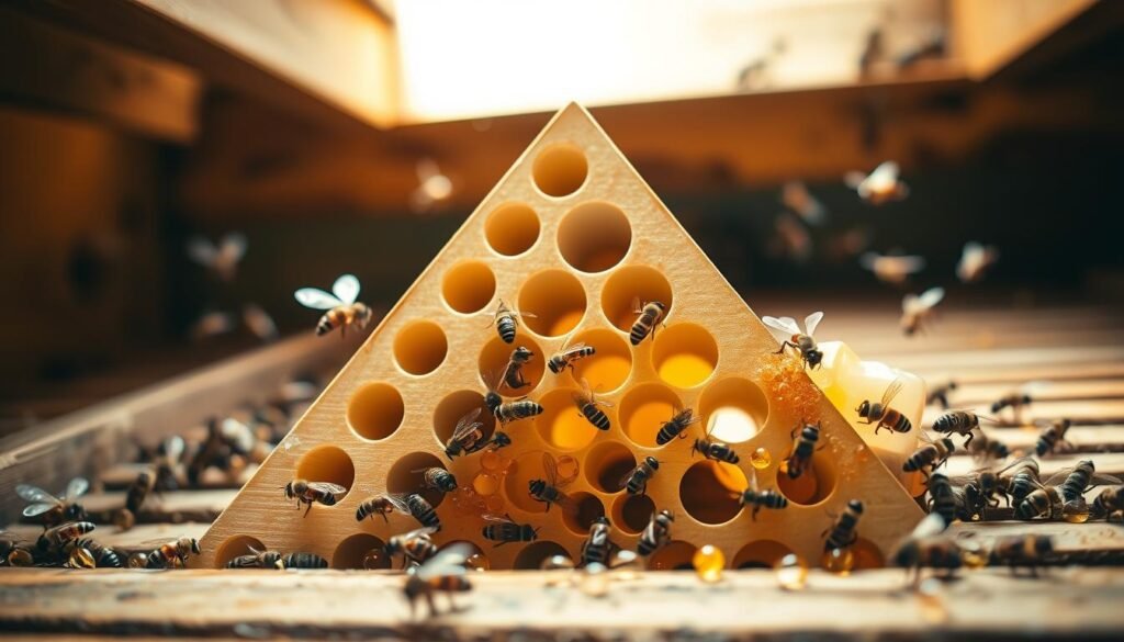 A detailed close-up of a bee escape board designed in a triangular shape, placed inside a beehive. The foreground displays the escape board with clear, defined holes for bees to exit, surrounded by honeycomb filled with golden honey. In the middle ground, worker bees are buzzing around the entrance, emphasizing a busy hive atmosphere. The background showcases the interior of the wooden hive with a soft, warm light filtering through, creating a cozy and industrious ambiance. Use a shallow depth of field to keep the focus on the escape board while slightly blurring the background for depth. The image has an inviting and productive mood, capturing the essence of honey harvesting efficiency.