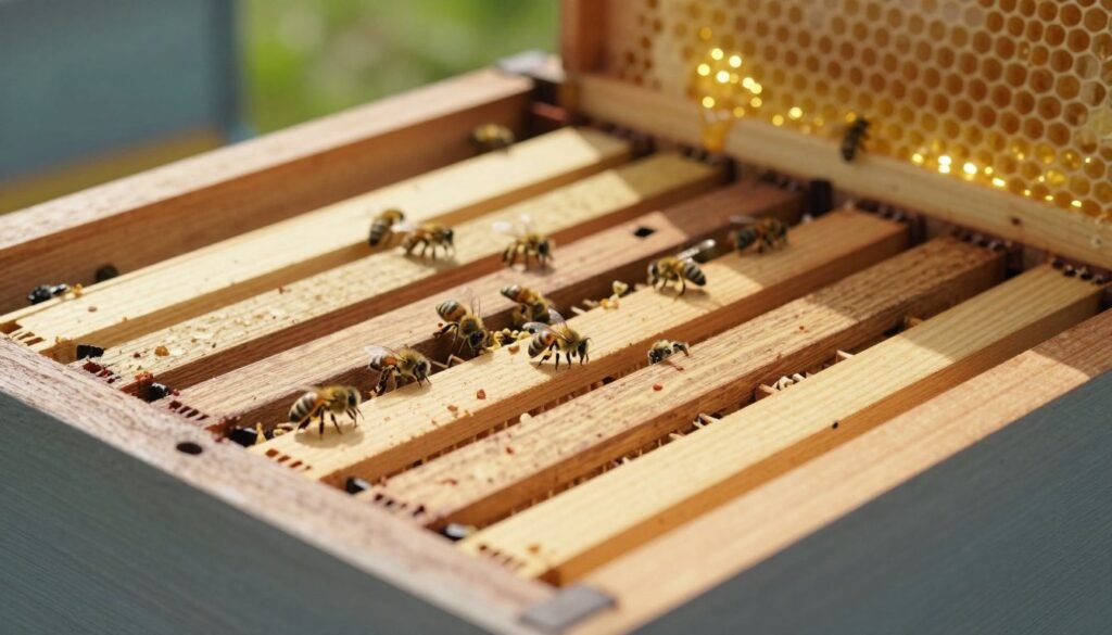 A detailed close-up of a bee escape board, focused on its intricate wooden structure and grid-like design, suitable for beekeeping. In the foreground, display the escape board prominently, showcasing its slotted vents that allow bees to exit while preventing re-entry. In the middle ground, scatter a few scattered bees around, emphasizing their activity as they navigate the board. In the background, a beehive can be seen, partially blurred to create depth, with golden honey glistening in the sunlight. Use soft, natural lighting to evoke a serene outdoor atmosphere, highlighting the intricacies of the escape board. Capture the scene from a slightly elevated angle, providing a clear perspective of the board's functionality, while maintaining a calm and informative mood throughout the composition.
