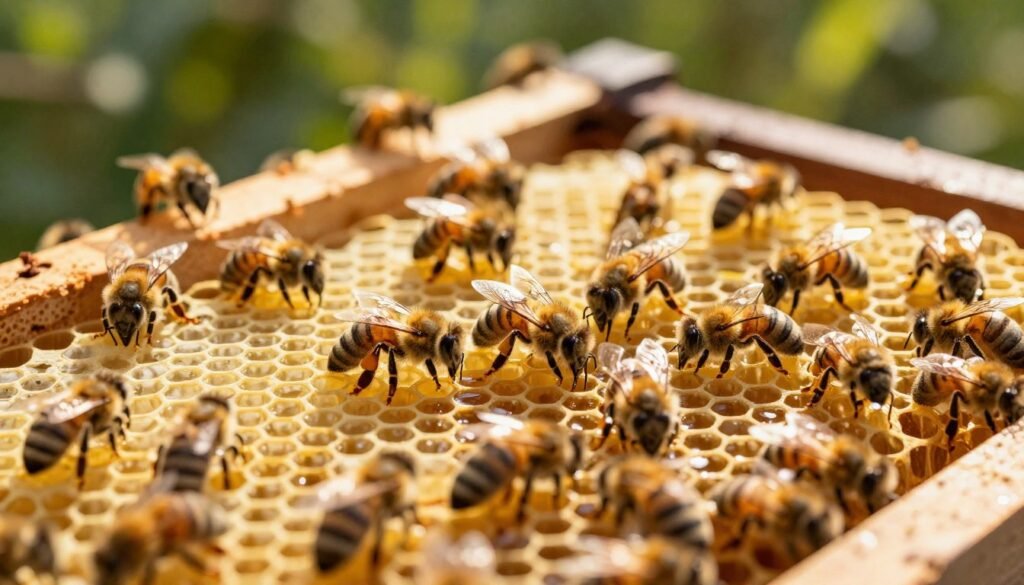 A detailed close-up of a bee hive during the late afternoon light, showcasing a bustling scene of bees entering and exiting the hive. In the foreground, a honeycomb section reveals shiny golden honey and healthy-looking brood cells, highlighting the hive's vitality. The middle ground features several bees in various stages of life, including worker bees, and a drone, all busy with their tasks. The background blurred to softly depict green foliage, enhancing the natural setting with sunlight filtering through. The mood is industrious yet serene, suggesting a harmonious ecosystem. The overall composition conveys the urgency and importance of hive management, with a focus on the intricate details of the hive itself. There are no humans present.