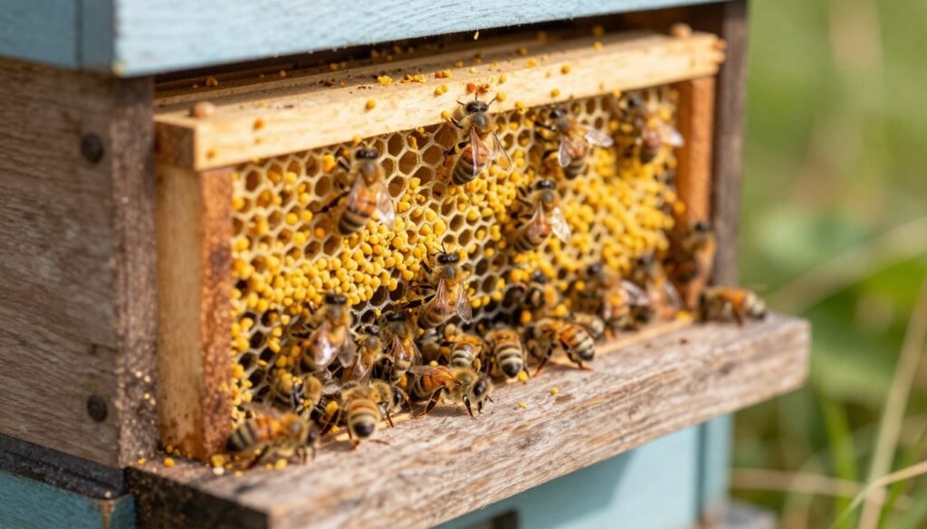 A detailed close-up of a bee pollen trap situated at the entrance of a small beehive. The trap features a mesh grid, ingeniously designed to capture pollen while allowing bees to pass through easily. In the foreground, show bees busily collecting pollen, with vibrant yellow and orange grains visible on their legs. In the middle ground, depict the wooden hive structure, showcasing natural textures with a rustic finish. The background can include soft, blurred greenery, enhancing the rural setting of a small apiary. Use warm, natural lighting to create a welcoming atmosphere, with a shallow depth of field to emphasize the trap and the bees. The angle should be slightly above the trap, providing a clear view of its functional details.