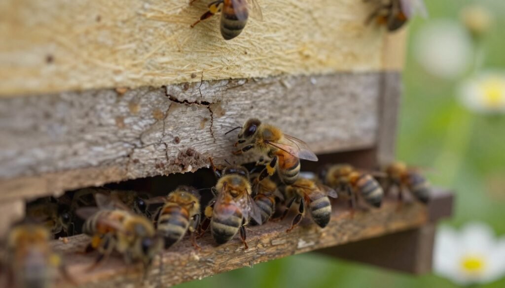 A detailed close-up of a beehive affected by disease, with visibly weakened bees struggling at the entrance. The foreground features discolored and deformed bees, some with visible signs of infection, like unusual spots or deformities on their bodies. In the middle ground, the hive exhibits cracks and discoloration, indicating poor health. In the background, a blurred field of flowers captures the essence of pollination, symbolizing the critical role bees play in agriculture. The lighting is soft and natural, evoking a somber mood, with sunlight filtering through the leaves above to highlight the hive's condition. The perspective is slightly angled from above, giving an intimate view of the bees' plight while maintaining a focus on the beehive's structure and environment. A detailed close-up of a beehive affected by disease, with visibly weakened bees struggling at the entrance. The foreground features discolored and deformed bees, some with visible signs of infection, like unusual spots or deformities on their bodies. In the middle ground, the hive exhibits cracks and discoloration, indicating poor health. In the background, a blurred field of flowers captures the essence of pollination, symbolizing the critical role bees play in agriculture. The lighting is soft and natural, evoking a somber mood, with sunlight filtering through the leaves above to highlight the hive's condition. The perspective is slightly angled from above, giving an intimate view of the bees' plight while maintaining a focus on the beehive's structure and environment.