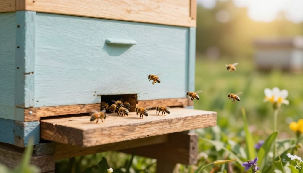 A detailed close-up of a beehive entrance with a specialized nuc entrance reducer attached, emphasizing the importance of size for small bee colonies. In the foreground, focus on the entrance reducer made of untreated wood, showcasing its texture and natural grain. Bees are actively flying in and out, creating a sense of vibrant activity. The middle ground presents the hive, painted in soft pastel colors, with a few plants and flowers nearby to enhance the garden-like environment. In the background, softly blurred greenery and distant trees evoke a warm, sunny day. The lighting is bright and natural, with golden sun rays filtering through, adding warmth to the scene. Capture a serene and nurturing atmosphere that reflects the essential role of entrance control for hive survival. A detailed close-up of a beehive entrance with a specialized nuc entrance reducer attached, emphasizing the importance of size for small bee colonies. In the foreground, focus on the entrance reducer made of untreated wood, showcasing its texture and natural grain. Bees are actively flying in and out, creating a sense of vibrant activity. The middle ground presents the hive, painted in soft pastel colors, with a few plants and flowers nearby to enhance the garden-like environment. In the background, softly blurred greenery and distant trees evoke a warm, sunny day. The lighting is bright and natural, with golden sun rays filtering through, adding warmth to the scene. Capture a serene and nurturing atmosphere that reflects the essential role of entrance control for hive survival.