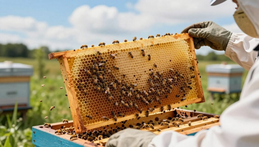 A detailed close-up of a beehive frame management system, showcasing meticulously arranged frames filled with honeycomb and bees actively working. In the foreground, focus on a vibrant, honey-filled frame being held by a small beekeeper wearing a protective suit, ensuring professional attire. The middle shows a wooden beehive structure surrounded by greenery, with bees buzzing around, emphasizing their important role in pollination. In the background, a bright blue sky with fluffy white clouds enhances the atmosphere of a sunny, productive day in the apiary. Soft, natural lighting creates a warm and inviting mood, with shallow depth of field to highlight the beekeeper and the frame, while gently blurring the background for emphasis.