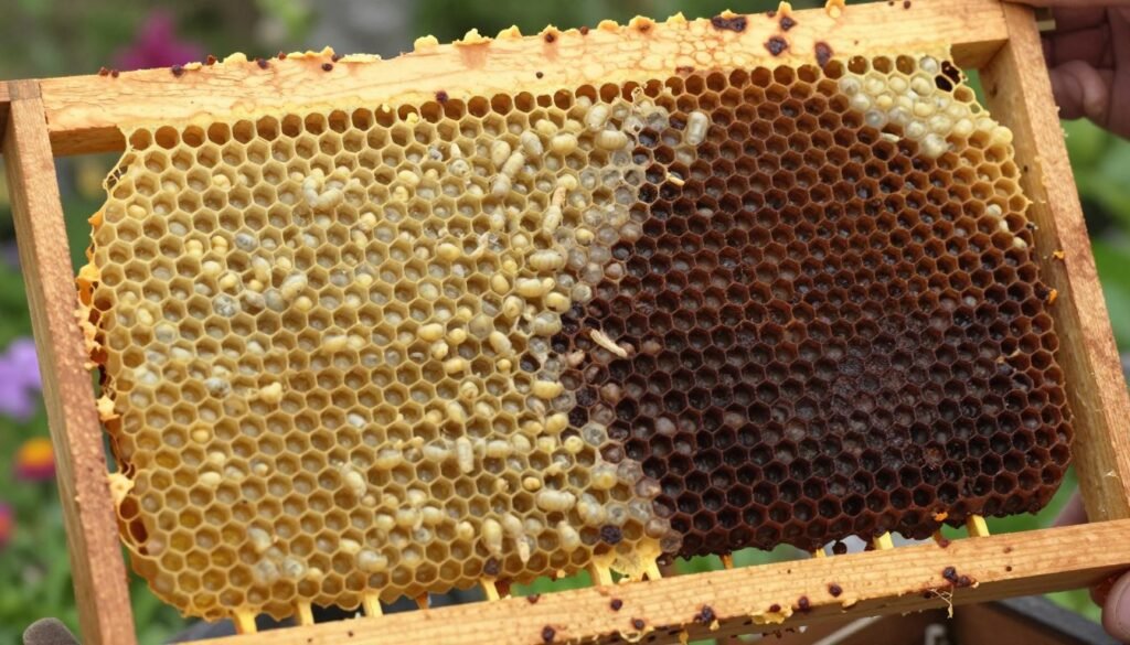 A detailed close-up of a beehive frame showcasing two contrasting brood patterns: on the left, well-organized, healthy brood cells filled with light-yellow larvae, indicating a strong queen; on the right, irregular, frequently empty or uncapped cells with dark patches, suggesting potential disease or a failing queen. In the foreground, focus on the textured wood of the hive frame, emphasizing the intricate details of cell walls. The middle ground should feature the cells filled with larvae and varying brood stages, illuminated by soft, natural light filtering in from the sides. The background should be slightly blurred, showcasing muted colors of a garden setting with flowers and greenery. The atmosphere is informative yet serene, inviting the viewer to analyze the differences carefully.