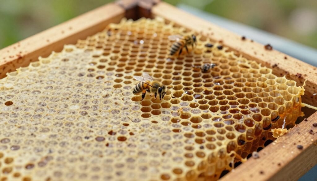 A detailed close-up of a beehive frame showing cross comb issues, with honeycomb cells chaotically misaligned, some filled with honey, and others empty. In the foreground, the wax cells display intricate patterns and textures, emphasizing their unevenness. The middle ground contains a honeybee delicately navigating the mess, showcasing its tiny size in contrast to the chaotic comb structure. In the background, soft, natural lighting filters through, simulating an early morning ambiance. The scene should evoke a sense of urgency for resolution and care in hive management. Capture this image from a slightly angled perspective to add depth and interest, with a warm color palette to emphasize the natural beauty of the bees and their hive. A detailed close-up of a beehive frame showing cross comb issues, with honeycomb cells chaotically misaligned, some filled with honey, and others empty. In the foreground, the wax cells display intricate patterns and textures, emphasizing their unevenness. The middle ground contains a honeybee delicately navigating the mess, showcasing its tiny size in contrast to the chaotic comb structure. In the background, soft, natural lighting filters through, simulating an early morning ambiance. The scene should evoke a sense of urgency for resolution and care in hive management. Capture this image from a slightly angled perspective to add depth and interest, with a warm color palette to emphasize the natural beauty of the bees and their hive.