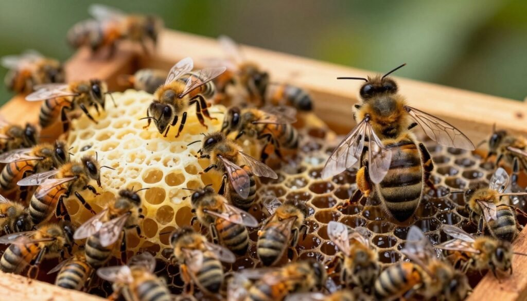 A detailed close-up of a beehive scene showcasing two distinct hive areas: on the left, a Virgin Queen exhibiting a more lively demeanor, surrounded by worker bees gently circling her, with a bright, nurturing light illuminating her royal appearance; on the right, a Mated Queen displaying calm composure, standing among brood cells, with muted lighting reflecting her status. The foreground captures intricate details of the bees and honeycomb, while the middle ground focuses on the contrasting queens, and the background fades into the soft, natural colors of the hive. The atmosphere is educational yet vibrant, highlighting the behavioral differences between the two queens in a natural, harmonious setting.