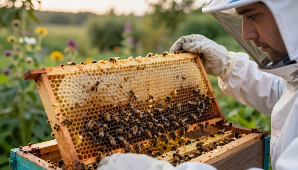 A detailed close-up of a beehive showing the effects of European foulbrood, with discolored larvae and bees exhibiting signs of stress. In the foreground, a beekeeper in a protective suit, wearing gloves and a veil, carefully inspects a frame with a focused expression, highlighting their commitment to saving the hive. The middle ground features various frames with both healthy and infected honeycomb, showcasing the contrast between vibrant, thriving bees and those impacted by the disease. In the background, a lush green garden with flowers is slightly blurred, creating a sense of hope and natural beauty. The lighting is soft, suggesting dawn or dusk, casting a warm glow over the scene, conveying a mood of determination and concern.