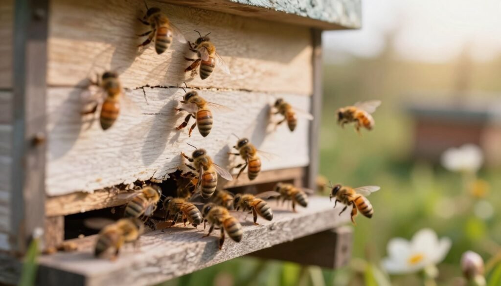 A detailed close-up of a beehive under attack, showcasing agitated bees swirling around the entrance. In the foreground, highlight individual bees with their wings in motion and their bodies displaying defensive postures. In the middle ground, depict the hive with visible cracks and disturbed bees, indicating alarm and turmoil. Use a soft focus on the hive to create depth. In the background, a blurred garden scene with blooming flowers and greenery suggests a tranquil environment contrasting the hive's distress. The lighting is warm, indicating late afternoon sun, creating a soft glow. The atmosphere is tense, capturing the urgency of a hive under threat from robber bees, conveying the importance of vigilance in beekeeping. A detailed close-up of a beehive under attack, showcasing agitated bees swirling around the entrance. In the foreground, highlight individual bees with their wings in motion and their bodies displaying defensive postures. In the middle ground, depict the hive with visible cracks and disturbed bees, indicating alarm and turmoil. Use a soft focus on the hive to create depth. In the background, a blurred garden scene with blooming flowers and greenery suggests a tranquil environment contrasting the hive's distress. The lighting is warm, indicating late afternoon sun, creating a soft glow. The atmosphere is tense, capturing the urgency of a hive under threat from robber bees, conveying the importance of vigilance in beekeeping.