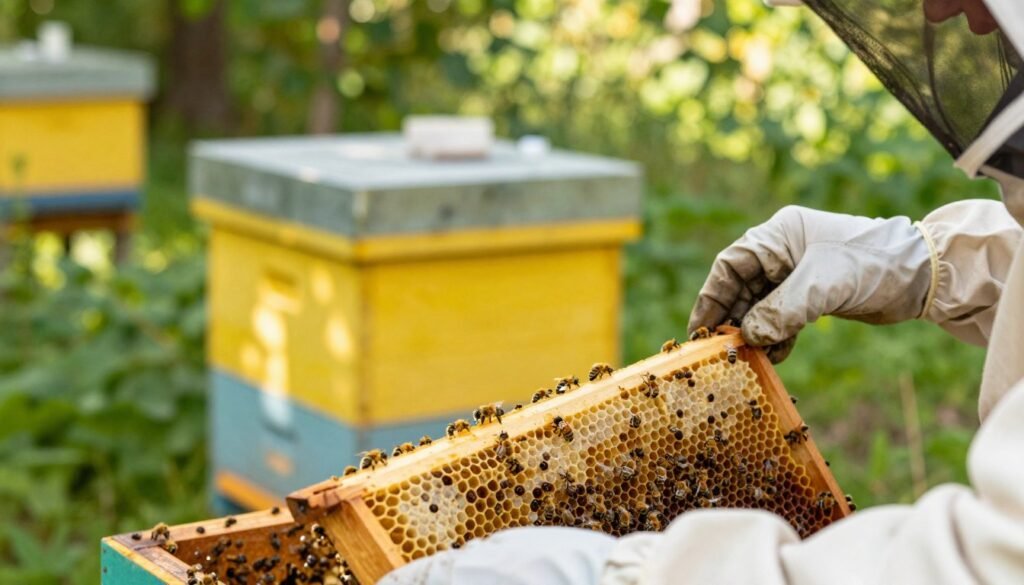 A detailed close-up of a beekeeper carefully sampling a brood nest for Varroa mites. In the foreground, showcase gloved hands gently lifting a frame filled with honeycomb and brood, with visible tiny mites on the bees. The beekeeper, dressed in professional protective gear, is focused and methodical. In the middle ground, depict a vibrant, buzzing hive surrounded by a lush green garden, capturing the natural habitat of the bees. The background should be softly blurred, suggesting a sunny day with dappled sunlight filtering through leaves, creating a warm and inviting atmosphere. Use a shallow depth of field to emphasize the sampling process, highlighting the importance of mite testing in beekeeping practices.