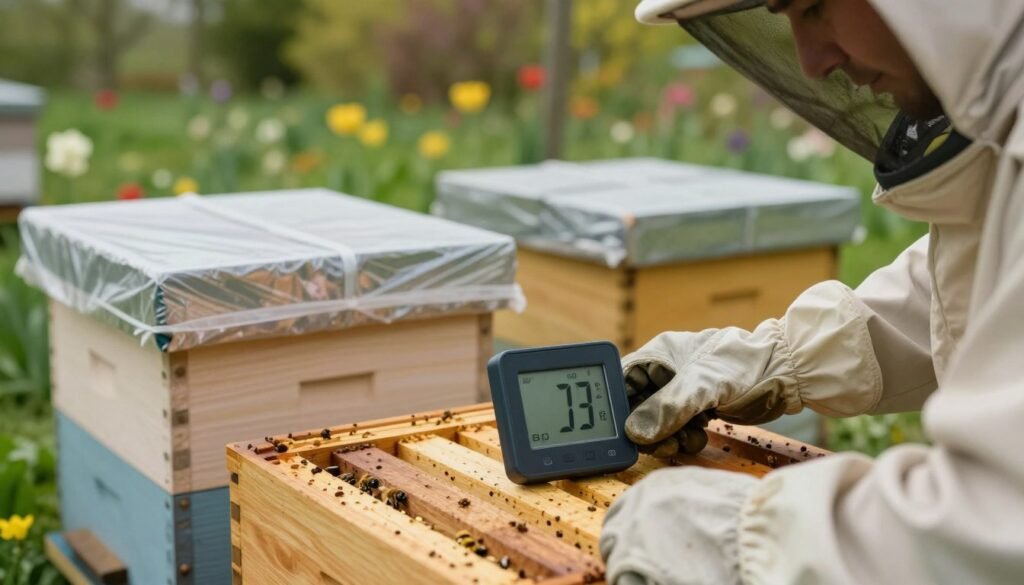 A detailed close-up of a beekeeper in professional attire, carefully monitoring a hive. The foreground features a digital thermometer and hygrometer, showing precise temperature and humidity readings, with the beekeeper's gloved hand gently adjusting the device. The middle ground shows several insulated hive wraps and foam board wraps neatly arranged, contrasting their textures. The background captures a serene apiary with blooming flowers and vibrant green foliage, symbolizing the changing seasons. Soft, natural lighting creates a warm atmosphere, highlighting the diligent care in seasonal maintenance. The scene is framed from a low angle to emphasize the hives while showcasing the environmental context. The overall mood conveys a sense of calm dedication to beekeeping practices.