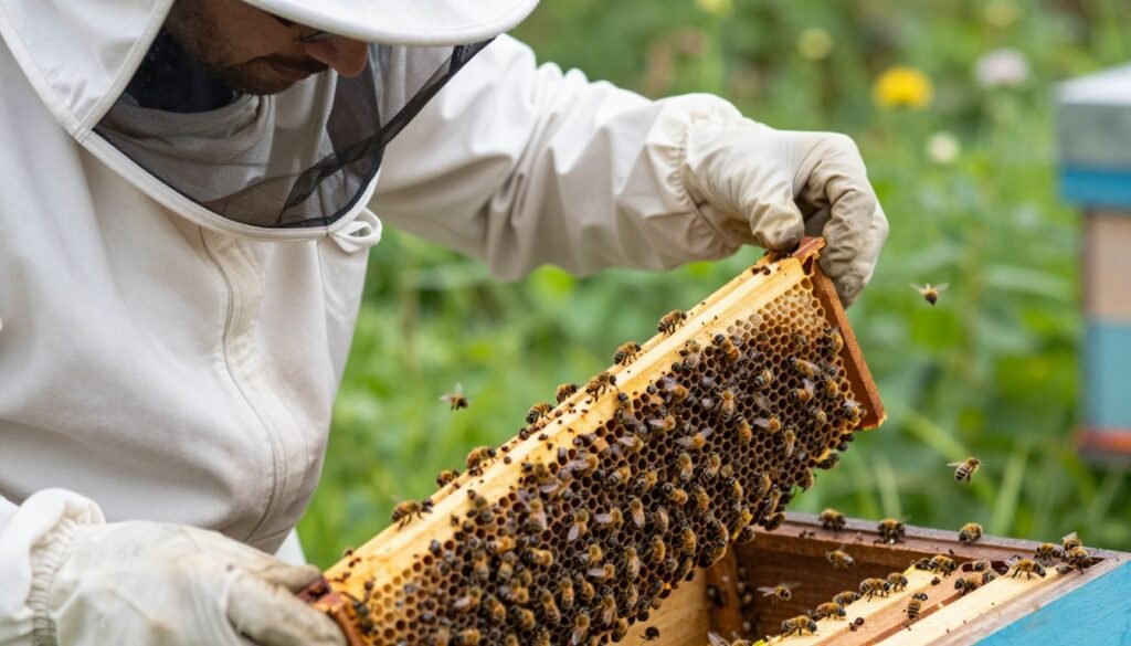 A detailed close-up of a beekeeper in professional attire, examining a beehive frame under natural daylight. The foreground features the beekeeper gently holding a frame filled with bees, some varroa mites visibly attached. In the middle, show a clear view of the hive, with bees actively flying around, emphasizing the monitoring process. The background includes a lush green garden, providing a serene contrast to the busy hive. Use soft, diffused lighting to capture the delicate details of the bees and the mites. The mood should be focused and determined, highlighting the importance of monitoring mite effectiveness during and after treatment, conveying a sense of diligence in bee health management. A detailed close-up of a beekeeper in professional attire, examining a beehive frame under natural daylight. The foreground features the beekeeper gently holding a frame filled with bees, some varroa mites visibly attached. In the middle, show a clear view of the hive, with bees actively flying around, emphasizing the monitoring process. The background includes a lush green garden, providing a serene contrast to the busy hive. Use soft, diffused lighting to capture the delicate details of the bees and the mites. The mood should be focused and determined, highlighting the importance of monitoring mite effectiveness during and after treatment, conveying a sense of diligence in bee health management.