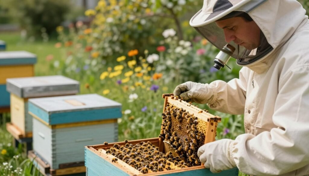 A detailed close-up of a beekeeper managing package bees in a peaceful garden setting, showcasing organized boxes of bees resting on a grassy area. In the foreground, a beekeeper wearing professional attire, including a protective suit and veil, inspects a bee package with calm focus, using a smoker for control. In the middle, open boxes reveal clusters of bees buzzing vibrantly. The background features blooming wildflowers and lush trees, with soft, filtered sunlight illuminating the scene, creating a warm and serene atmosphere. The overall mood conveys care and professionalism in seasonal management of package bees, ideal for Varroa mite control strategies.