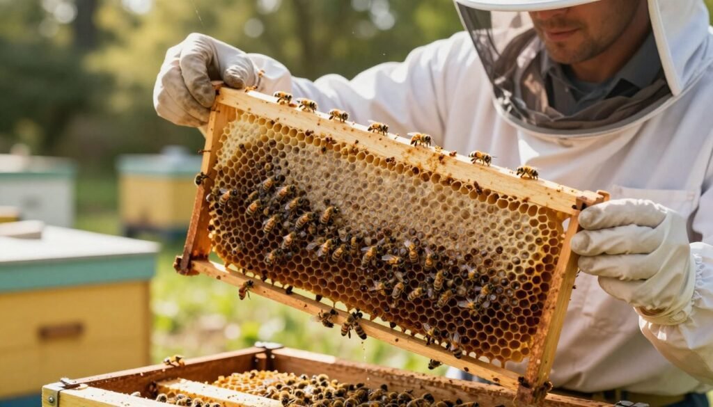 A detailed close-up of a beekeeper performing the rope test on a honeybee frame, showcasing the examination of potentially slimy brood. In the foreground, the beekeeper, dressed in professional business attire, holds the frame with a focused expression, examining the brood cells for signs of disease. In the middle ground, the honeycomb is visible, with several capped and uncapped brood cells, some exhibiting a slimy texture. The background should depict a well-lit, organized apiary, with soft sunlight filtering through trees, casting a natural, warm glow on the scene. The overall mood is one of careful observation and scientific inquiry, emphasizing the importance of diagnosis in beekeeping.