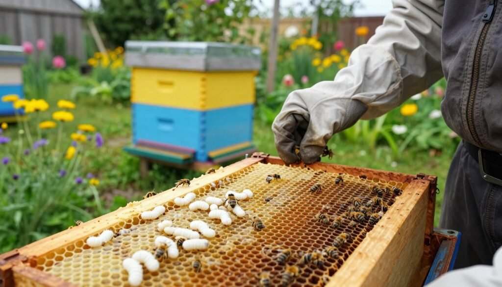 A detailed close-up of a beekeeper's hand gently examining a brood frame from a beehive, showcasing chalkbrood symptoms. In the foreground, emphasize the white, mummified larvae lying on the honeycomb cells, highlighting their distinct appearance. The beekeeper, in modest casual clothing, is wearing protective gloves, clearly focused on the frame. In the middle ground, display a vibrant beehive with healthy bees actively engaged, contrasting the affected brood. The background captures a sunny backyard garden with blooming flowers and greenery, creating a serene environment. Use natural lighting to enhance texture and color, and a shallow depth of field to keep attention on the frame. The mood should be informative and calm, suitable for a guide on beekeeping.