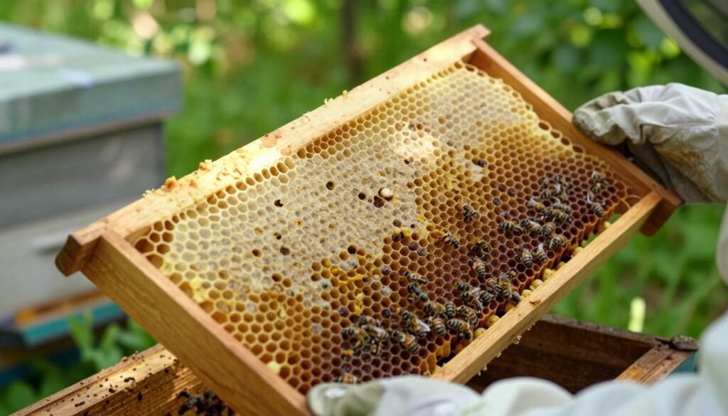 A detailed close-up of a beekeeper’s hands, wearing protective gloves, carefully inspecting a honeycomb frame filled with brood cells. The brood pattern displays a healthy mixture of eggs, larvae, and sealed cells, indicating a strong queen, contrasted by a few irregular patches that suggest poor brood patterns due to disease. In the background, a wooden hive is partially visible, surrounded by lush greenery, under soft, natural sunlight filtering through the leaves. The atmosphere is calm yet focused, emphasizing the meticulous nature of hive inspection. The frame should be held at an angle that highlights the brood cells clearly, with a shallow depth of field creating a blurred effect in the background, drawing attention to the hive inspection process.