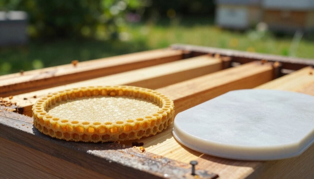 A detailed close-up of a beekeeping setup featuring a pollen patty spacer rim and an inner cover shim placed side by side on a wooden beehive. In the foreground, the pollen patty spacer rim, with a typical hexagonal pattern and a slightly raised edge, is prominently displayed, showcasing its surface texture. In contrast, the inner cover shim lies flat, emphasizing its smooth, even surface. The middle section displays the bee colony box, with gentle sunlight filtering through overhead, casting soft, warm tones across the scene. In the background, a lush garden can be seen blurred out, giving a sense of natural environment. The mood is serene and informative, inviting viewers into the world of beekeeping equipment. The image is captured with a shallow depth of field, focusing sharply on the spacer rim and shim.