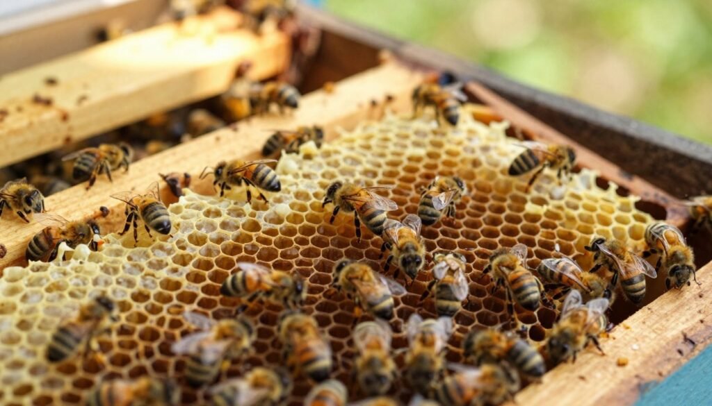 A detailed close-up of a colony of bees working on foundationless frames inside a beehive, focusing on cross-comb issues. In the foreground, several bees are busy building honeycomb in disorganized patterns, showcasing cross-comb formation with partially completed wax cells. The middle ground features the frames of the hive, with a mix of honeycomb and some empty spaces, demonstrating the challenges beekeepers face. The background includes blurred highlights of other frames and hive components, with soft, natural, diffused sunlight filtering through the hive, creating a warm, inviting atmosphere. The scene captures a sense of harmony amid the complexity, emphasizing the bees' industrious nature in a richly detailed, vibrant color palette.