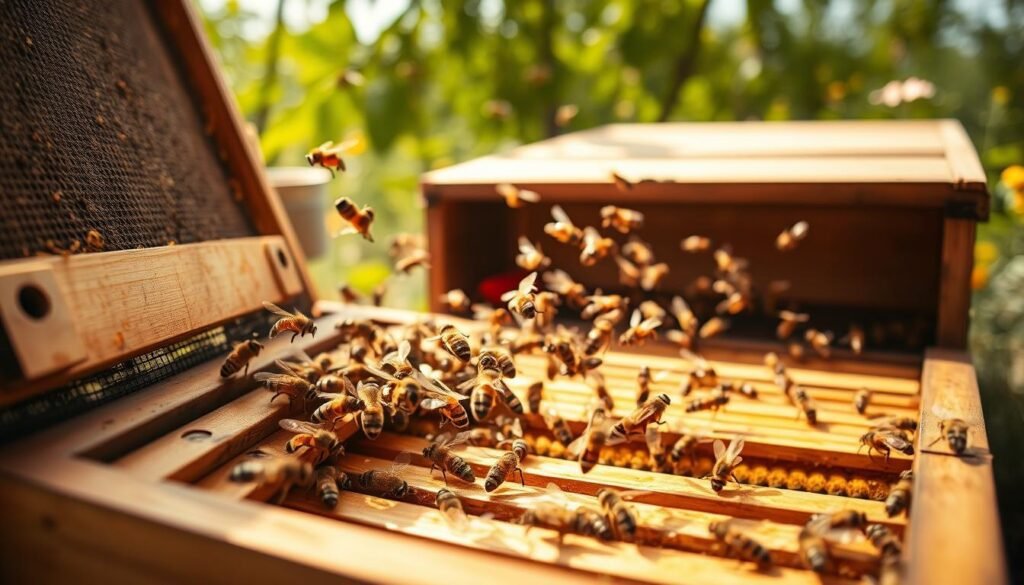 A detailed close-up of a frame capacity NUC box designed for transporting honeybees, showcasing its robust construction and compartments for frames. In the foreground, the NUC box is partially opened, revealing several wooden frames filled with honeycomb and bees. The middle ground features a gently buzzing swarm of bees in flight around the NUC box, highlighting their activity and vitality. The background includes a blurred-out apiary setting with vibrant green trees and flowers, suggesting a thriving environment. Warm, soft natural lighting filters through the scene, creating a serene and inviting atmosphere. The image is shot at eye-level with a shallow depth of field, focusing on the details of the NUC box and the bees, emphasizing a sense of reliability and growth. No text or artifacts present. A detailed close-up of a frame capacity NUC box designed for transporting honeybees, showcasing its robust construction and compartments for frames. In the foreground, the NUC box is partially opened, revealing several wooden frames filled with honeycomb and bees. The middle ground features a gently buzzing swarm of bees in flight around the NUC box, highlighting their activity and vitality. The background includes a blurred-out apiary setting with vibrant green trees and flowers, suggesting a thriving environment. Warm, soft natural lighting filters through the scene, creating a serene and inviting atmosphere. The image is shot at eye-level with a shallow depth of field, focusing on the details of the NUC box and the bees, emphasizing a sense of reliability and growth. No text or artifacts present.