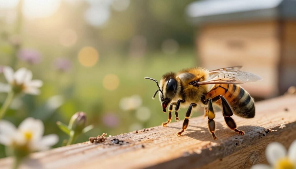 A detailed close-up of a hitchhiker ratio varroa mite, showcasing its intricate features, like the spiky body and numerous legs. In the foreground, the mite is positioned on the back of a honeybee, illustrating the interaction between the two. The middle ground includes a blurred representation of a beehive, with soft, warm lighting to highlight the natural environment. In the background, a soft-focus garden scene provides a serene atmosphere, filled with delicate flowers and sunlight filtering through leaves. The lens effect should mimic a macro photography style, with a shallow depth of field to draw attention to the mite. The mood is educational and engaging, capturing the complexity of the relationship between phoretic and reproductive mites.