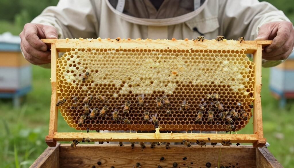A detailed close-up of a honey bee brood frame, showcasing a perfect foundation with freshly drawn wax cells arranged symmetrically. In the foreground, a few bees tend to the eggs and larvae inside the cells, highlighting the meticulous care they provide. In the middle ground, the frame is held by a beekeeper wearing professional attire, focusing on the intricate work of cell preparation. The background features a softly blurred apiary scene with wooden hives and lush greenery, creating a serene rural atmosphere. Soft, natural lighting illuminates the frame, casting gentle shadows and emphasizing the textures of the wax and bees. The overall mood is one of diligence and harmony, reflecting the crucial role of foundation in maintaining a healthy brood pattern. A detailed close-up of a honey bee brood frame, showcasing a perfect foundation with freshly drawn wax cells arranged symmetrically. In the foreground, a few bees tend to the eggs and larvae inside the cells, highlighting the meticulous care they provide. In the middle ground, the frame is held by a beekeeper wearing professional attire, focusing on the intricate work of cell preparation. The background features a softly blurred apiary scene with wooden hives and lush greenery, creating a serene rural atmosphere. Soft, natural lighting illuminates the frame, casting gentle shadows and emphasizing the textures of the wax and bees. The overall mood is one of diligence and harmony, reflecting the crucial role of foundation in maintaining a healthy brood pattern.