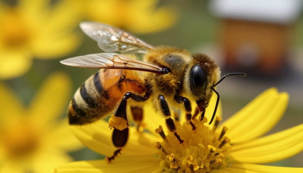 A detailed close-up of a honey bee, showcasing its intricate anatomy, including the delicate wings, pronounced compound eyes, and fuzzy body covered in pollen. The bee should be positioned on a vibrant yellow flower, its legs dusted with pollen grains, conveying the essence of resource gathering. In the middle ground, softly blurred flowers provide context to its environment, while in the background, a hint of a beehive can be faintly seen, representing the colony's need for resources. The lighting should be warm and natural, mimicking golden hour sunshine that highlights the bee's features and casts gentle shadows, creating a peaceful and harmonious atmosphere that reflects the delicate balance of nature.