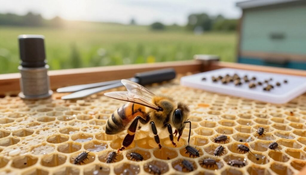 A detailed close-up of a honeybee hive showing varroa mites on bees, highlighting mite control practices. In the foreground, an adult bee with deformed wings clings to a honeycomb, with a few visible varroa mites on its body. In the middle, beekeeping tools like a smoker, hive tool, and mite monitoring board are arranged neatly to signify best practices. The background features a lush green landscape under soft morning light, creating a calm atmosphere. The scene is shot with a macro lens, emphasizing the intricate details of the bee and the mites while retaining clarity in the background. The mood is informative yet serene, suitable for educational content.