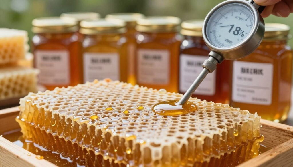 A detailed close-up of a honeycomb filled with golden, ripe honey, glistening under soft, natural light. In the foreground, a precise moisture meter probes the honeycomb, showcasing its optimal moisture content of around 18%. The honey glows warmly, with droplets reflecting light, indicating freshness and quality. In the middle ground, jars of honey are neatly arranged, each labeled with moisture readings, enhancing the educational aspect of the image. The background features blurred beeswax and tools of beekeeping, subtly emphasizing the theme of honey production. The atmosphere is warm and inviting, reflecting the importance of achieving the perfect balance in honey’s moisture. The composition is focused, with a shallow depth of field, creating a sense of intimacy with the subject.