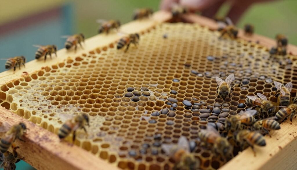 A detailed close-up of a honeycomb frame showcasing both drone cells and queen cells in a beehive setting. In the foreground, focus on the distinct shapes and sizes of the drone cells, which are larger and hexagonal, contrasted against the elongated and oval queen cells. The middle ground highlights the texture of the beeswax and the various stages of cell development. The background features blurred imagery of bees working diligently around the hive, with soft, natural lighting filtering through the hive's entrance, creating a warm and inviting atmosphere. Capture this scene from a slightly elevated angle, as if a photographer is hovering above the frame, allowing for a clear view of the contrasting cells and the busy bees, evoking a sense of harmony in nature. A detailed close-up of a honeycomb frame showcasing both drone cells and queen cells in a beehive setting. In the foreground, focus on the distinct shapes and sizes of the drone cells, which are larger and hexagonal, contrasted against the elongated and oval queen cells. The middle ground highlights the texture of the beeswax and the various stages of cell development. The background features blurred imagery of bees working diligently around the hive, with soft, natural lighting filtering through the hive's entrance, creating a warm and inviting atmosphere. Capture this scene from a slightly elevated angle, as if a photographer is hovering above the frame, allowing for a clear view of the contrasting cells and the busy bees, evoking a sense of harmony in nature.