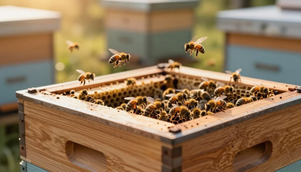 A detailed close-up of a nuc breeder queen box, showcasing the intricate design and functionality of bee breeding. The foreground features the queen box, richly colored in natural wood tones with small ventilation holes and a clear observation window revealing bees tending to a marked queen. In the middle ground, a variety of worker bees can be seen actively flying around, highlighting the bustling activity of a bee breeding environment. The background features softly blurred beehives under golden sunlight, creating a warm, inviting atmosphere. The image captures a sense of professionalism, with emphasis on craftsmanship and the importance of advanced beekeeping techniques. The shot is taken at a low angle, with soft, natural lighting that enhances the textures of the wood and the vibrant colors of the bees, evoking a serene but industrious mood.