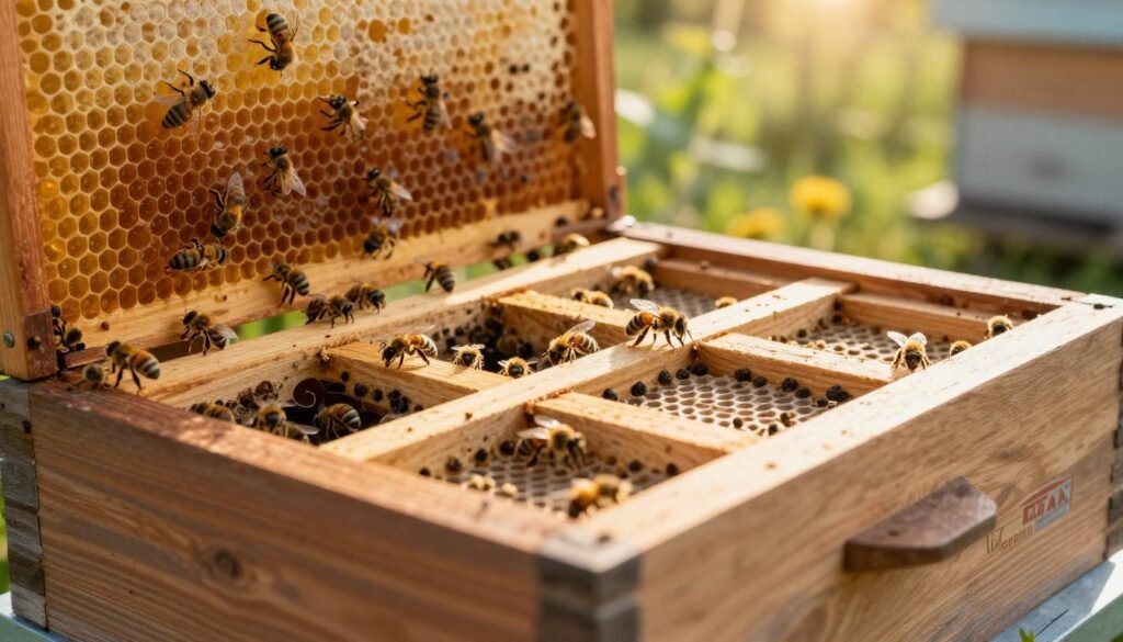 A detailed close-up of a pest management tray designed for a bee hive, showcasing its distinct features like small compartments for collecting pests and a textured surface for optimal pest trapping. The foreground highlights the tray, emphasizing its sturdy construction and design, with bees gently crawling around it. In the middle ground, a portion of a wooden beehive is visible, with vibrant honeycomb and active bees, indicating a healthy environment. The background depicts a serene, natural setting with a soft-focus garden landscape bathed in warm sunlight. The atmosphere is calm and industrious, creating a sense of harmony in nature. The lighting is bright yet soft, enhancing the warm tones of the wood and the contrasting colors of the bees and tray.