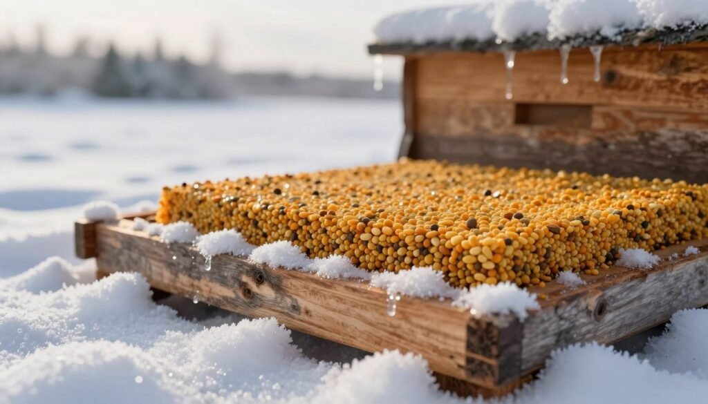 A detailed close-up of a pollen patty resting on a wooden beehive candy board, surrounded by soft, fluffy snowflakes that represent winter. In the foreground, showcase the texture and grains of the pollen patty, emphasizing its rich yellow and orange hues. The middle ground features the weathered wooden structure of the candy board, adorned with tiny icicles glistening under a pale winter sun, creating a serene atmosphere. The background should be a blurred landscape of snow-covered fields and trees, softly illuminated by diffused daylight, casting gentle shadows. Aim for a calm, peaceful mood that highlights the importance of nutrition for bees during winter, captured with a shallow depth of field for dramatic effect.