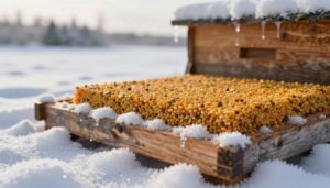 A detailed close-up of a pollen patty resting on a wooden beehive candy board, surrounded by soft, fluffy snowflakes that
