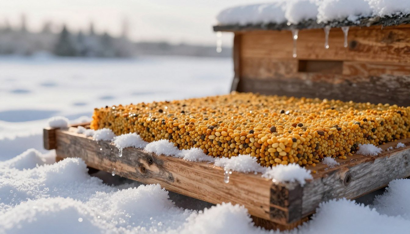 A detailed close-up of a pollen patty resting on a wooden beehive candy board, surrounded by soft, fluffy snowflakes that